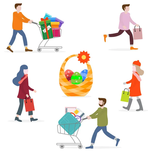 Ilustração Vetorial Com Pessoas Vão Compras Fazem Compras Cesto Páscoa —  Vetores de Stock