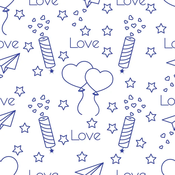 Seamless Pattern Paper Airplane Petard Balloons Hearts Birthday Valentine Day — Stock Vector