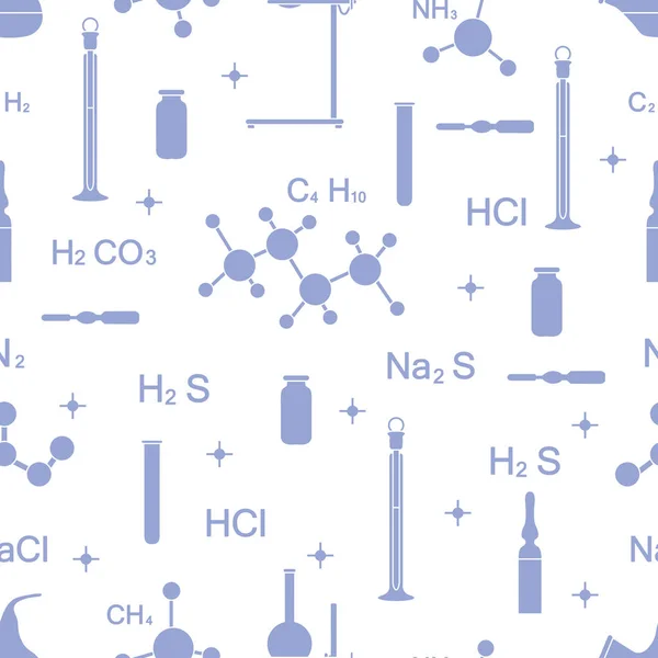 Wetenschappelijke Vector Naadloze Patroon Met Kolven Reageerbuisjes Bekers Tools Formules — Stockvector