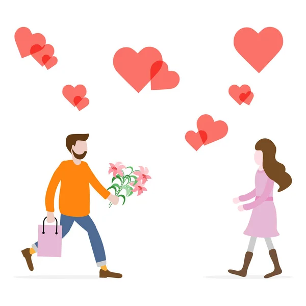 Homem Com Flores Presente Correndo Para Encontro Com Mulher Corações — Vetor de Stock