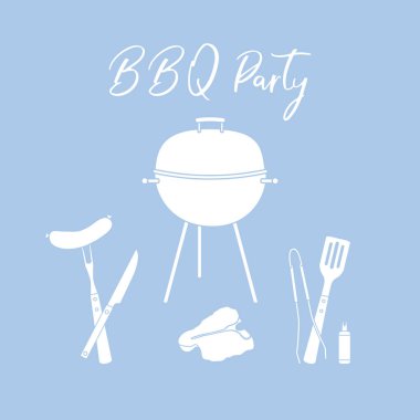 Vektör çizim ızgara ve barbekü araçlarıyla. Barbekü partisi arka plan. Parti kartı, başlık sayfası, poster veya baskı için tasarım.