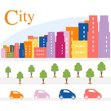 Cityscape ile vektör çizim. Binalar, ağaçlar, sokak, arabalar. Şehir panoraması. Duyuru, reklam, afiş veya baskı için Tasarla.