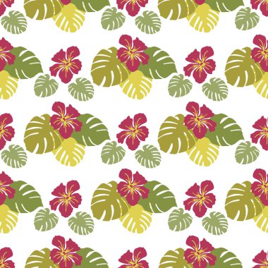 Monstera yaprakları ve hibiscus çiçek ile Seamless modeli. Tropikal arka plan. Tasarım afiş, poster, tekstil, yazdırma için.