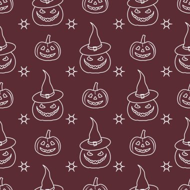 Cadılar Bayramı 2019 vektör pumpkins, cadı şapka ile seamless modeli. Parti kartı, sarma, kumaş, yazdırma için tasarım.