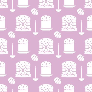 Paskalya kek, mum, bir şekilde dekore edilmiş yumurta ile Seamless modeli. Mutlu Paskalyalar. Festival arka plan. Başlık sayfası, poster veya baskı için tasarım.