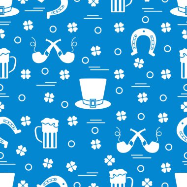 Yonca yaprağı, at nalı, bira bardağı, şapka, İçilmeyen boru ile Seamless modeli. Aziz Patrick günü. Tatil arka plan. İrlandalı vektör desen. Tasarım afiş, poster, tekstil, yazdırma için.