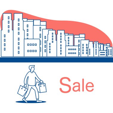 Vektör çizim ile cityscape, insan taşımak alışveriş. Büyük satış ve alışveriş kavramı. Başlık sayfası, poster veya baskı için tasarım.