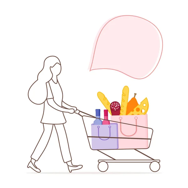 Ilustración Vectorial Con Una Mujer Llevando Carrito Compras Con Alimentos — Vector de stock