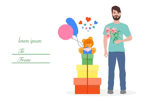 Młody Człowiek Kwiatów Pudełeczka Balony Pluszowy Miś Tło Urodziny Walentynki — Wektor stockowy