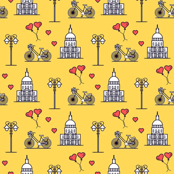 Seamless pattern with famous building, bicycle, lantern, balloons, hearts. Travel and leisure. Valentine's Day. Romantic background.