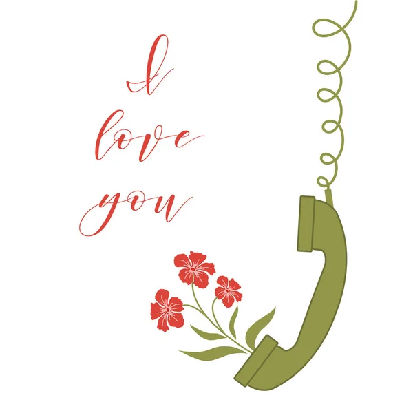 Εικονογράφηση Διάνυσμα Λαβή Ακουστικό Και Λουλούδια Από Ακουστικό Επιγραφή Αγαπώ — Διανυσματικό Αρχείο