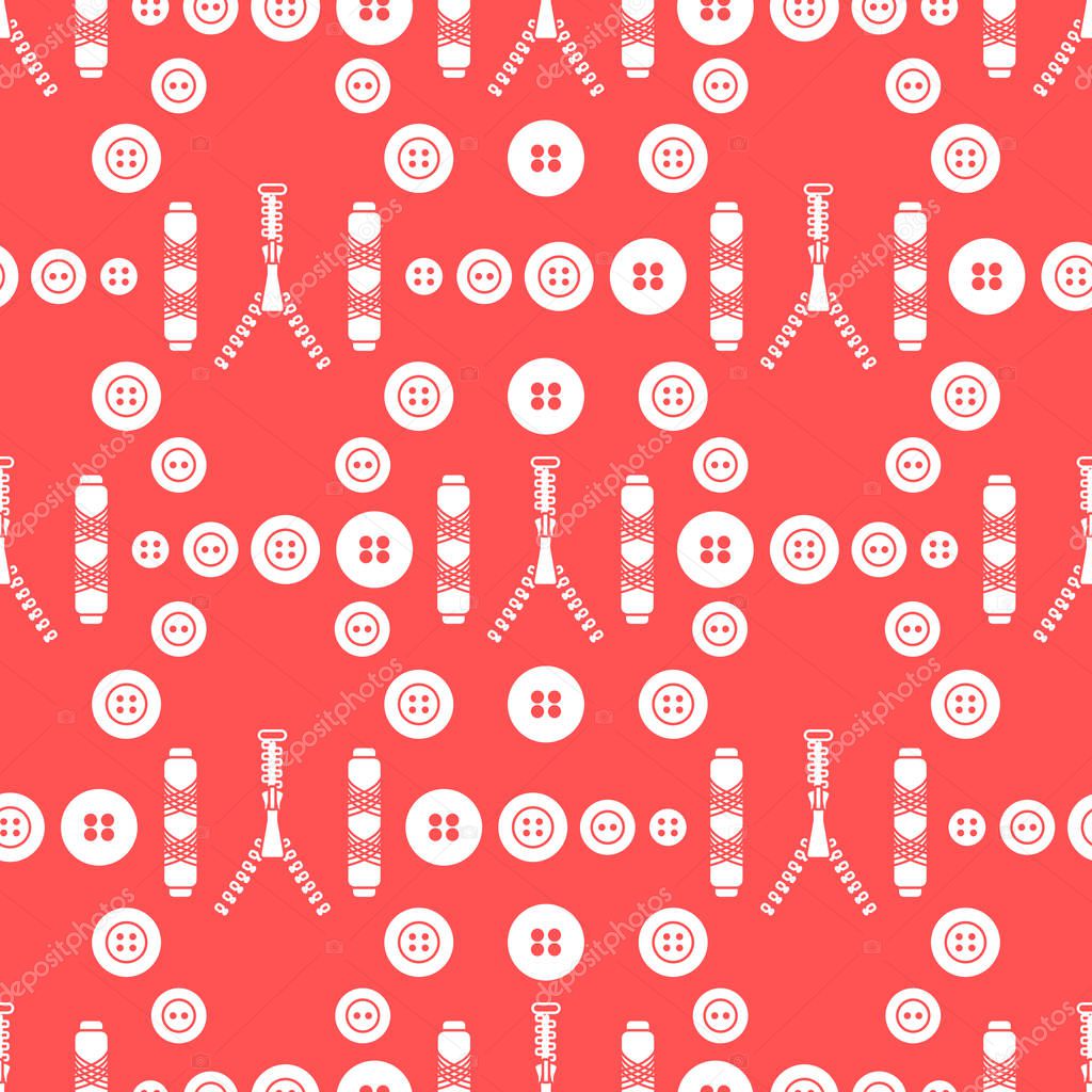 Seamless pattern with zipper, buttons, threads. Sewing and needlework background. Template for design, fabric, print.
