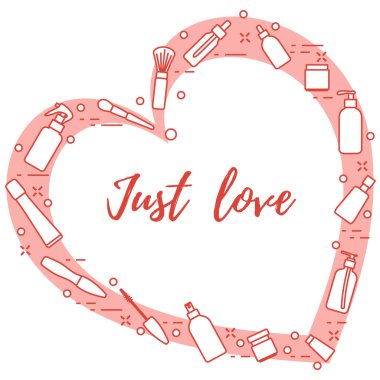 Kozmetik ve bakım ürünleri kalp şeklinde düzenlenmiştir. Glamour moda moda stil.