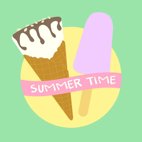 Ilustração Vetorial Com Delicioso Cone Sorvete Gelado Inscrição Hora Verão —  Vetores de Stock