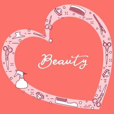 Kalp şeklinde düzenlenmiş profesyonel kuaför araçları ile vektör çizim. Güzellik Salonu. Manikür. Glamour moda moda stil.
