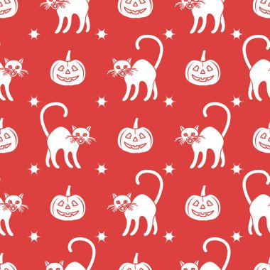 Cadılar Bayramı 2019 vektör balkabağı ve cadı cats ile seamless modeli. Parti kartı, sarma, kumaş, yazdırma için tasarım.