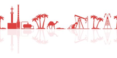 Vektör ekipman için petrol üretimi, rafineri tesisi, deve, palmiye ağaçları ile seamless modeli. Başlık veya altbilgi afiş.