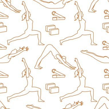Kadınlar yoga ile Seamless modeli poz veriyor, bloklar, kemer için yoga. Sakin ol ve meditasyon. Sağlıklı bir yaşam tarzı. Eğitim dengesi. Banner için tasarım ve baskı.