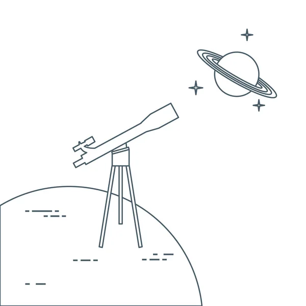 Vektorillustration Med Teleskop Planeten Saturnus Med Ringsystem Astronomi Design För — Stock vektor