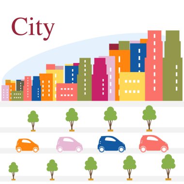 Cityscape ile vektör çizim. Binalar, ağaçlar, sokak, arabalar. Şehir panoraması. Duyuru, reklam, afiş veya baskı için Tasarla.