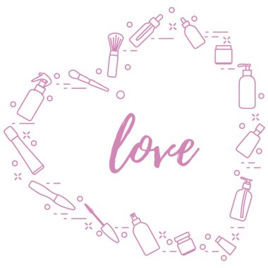 Kozmetik ve bakım ürünleri kalp şeklinde düzenlenmiştir. Glamour moda moda stil.