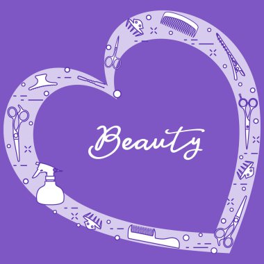 Kalp şeklinde düzenlenmiş profesyonel kuaför araçları ile vektör çizim. Güzellik Salonu. Manikür. Glamour moda moda stil.