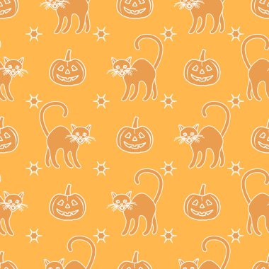 Cadılar Bayramı 2019 vektör balkabağı ve cadı cats ile seamless modeli. Parti kartı, sarma, kumaş, yazdırma için tasarım.