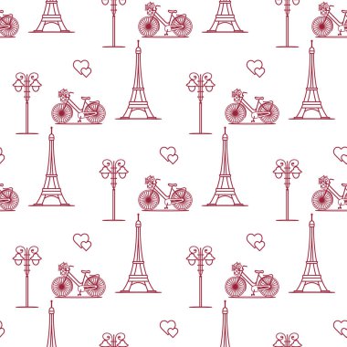 Ünlü Kulesi, Bisiklet, fener, kalpleri ile Seamless modeli. Seyahat ve eğlence. Sevgililer günü. Romantik arka plan.