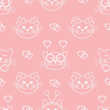 Namlu kedilerin karnaval maske, Gözlük, kravat, yay, saç bantları ve kalpleri ile Seamless modeli. Tebrik kartı Sevgililer günün kutlu olsun. Romantik arka plan. Karnaval şenlikli kavramı.