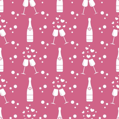 Şampanya bardağı, kalpler, şişe ile Seamless modeli. Tebrik kartı Sevgililer günün kutlu olsun. Romantik arka plan.