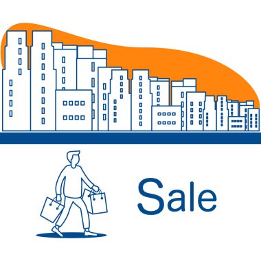 Vektör çizim ile cityscape, insan taşımak alışveriş. Büyük satış ve alışveriş kavramı. Başlık sayfası, poster veya baskı için tasarım.