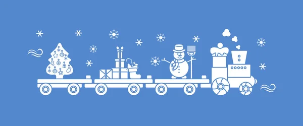 Ilustracja Wektorowa Śmieszne Choinka Boże Narodzenie Prowadzi Pociąg Bałwana Miotłą — Wektor stockowy