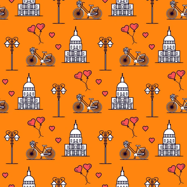 Seamless pattern with famous building, bicycle, lantern, balloons, hearts. Travel and leisure. Valentine's Day. Romantic background.