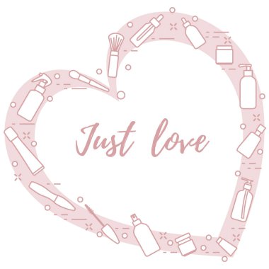 Kozmetik ve bakım ürünleri kalp şeklinde düzenlenmiştir. Glamour moda moda stil.