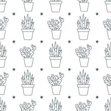 Vektör kaktüs ve succulents ile seamless modeli. Modern arka plan. Tropikal bitki.