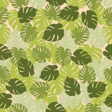 Monstera ile Seamless modeli bırakır. Tropikal arka plan. Tasarım afiş, poster, tekstil, yazdırma için.