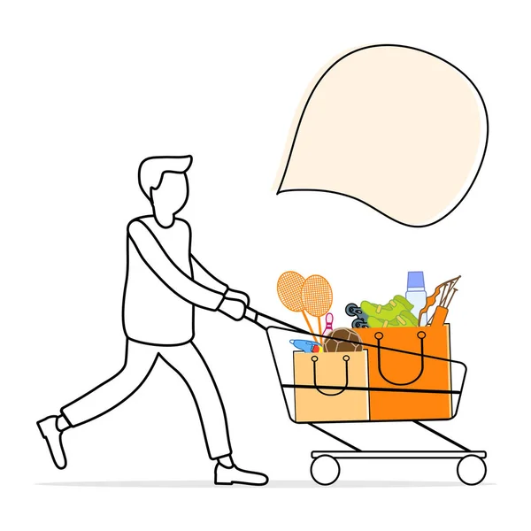 男とベクトル図は ストアから購入した品物を買い物カゴを運ぶ 買い物に男性 大きな販売とショッピング概念 — ストックベクタ