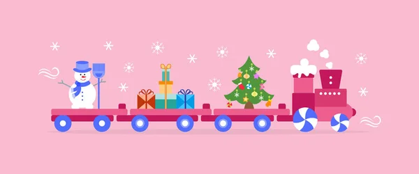 Ilustração Vetor Engraçado Com Trem Natal Carrega Árvore Natal Boneco — Vetor de Stock