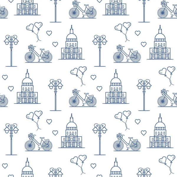 Seamless pattern with famous building, bicycle, lantern, balloons, hearts. Travel and leisure. Valentine's Day. Romantic background.