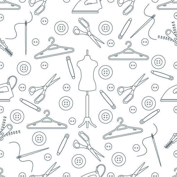 Vector seamless pattern with tools and accessories for sewing. Template for design, fabric, print.