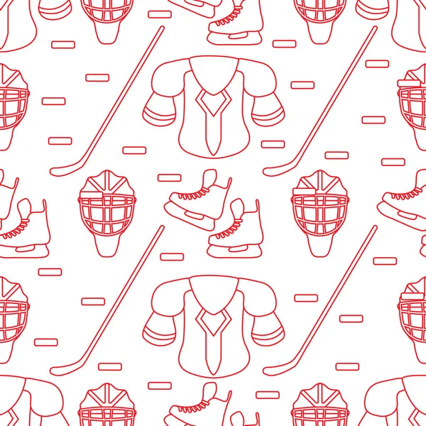 Seamless pattern with skates, goalkeeper mask, hockey stick, ice hockey puck, hockey shoulder pads. Winter sports background. Hockey equipment. Games, hobbies, entertainment.