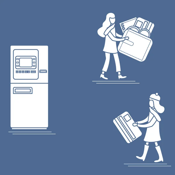 Vektorové Ilustrace Dvěma Dívkami Pomocí Služeb Atm Bankovní Karty Peněženka — Stockový vektor