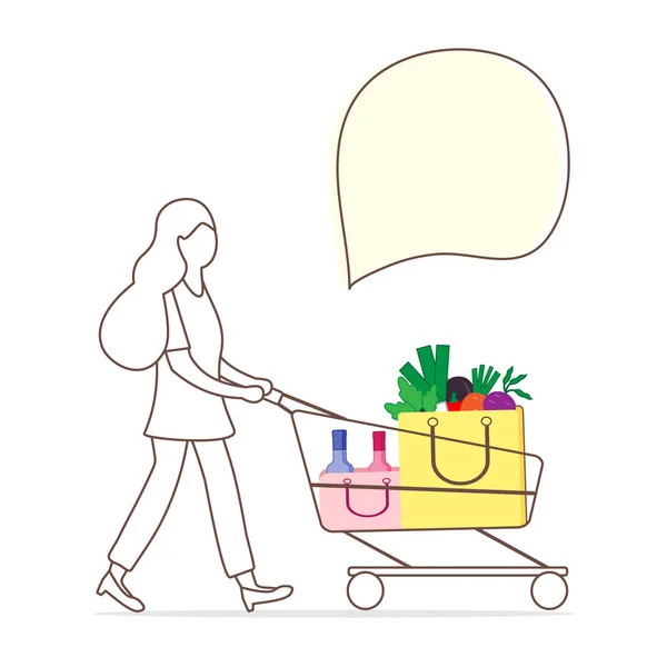 Ilustración Vectorial Con Una Mujer Llevando Carrito Compras Con Alimentos — Vector de stock