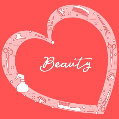 Kalp şeklinde düzenlenmiş profesyonel kuaför araçları ile vektör çizim. Güzellik Salonu. Manikür. Glamour moda moda stil.