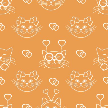 Namlu kedilerin karnaval maske, Gözlük, kravat, yay, saç bantları ve kalpleri ile Seamless modeli. Tebrik kartı Sevgililer günün kutlu olsun. Romantik arka plan. Karnaval şenlikli kavramı.