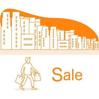 Vektör çizim ile cityscape, insan taşımak alışveriş. Büyük satış ve alışveriş kavramı. Başlık sayfası, poster veya baskı için tasarım.