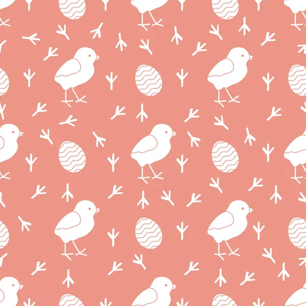 无缝花纹与鸡 鸡肉的痕迹 装饰鸡蛋 复活节快乐 节日背景 海报或打印的设计 — 图库矢量图片