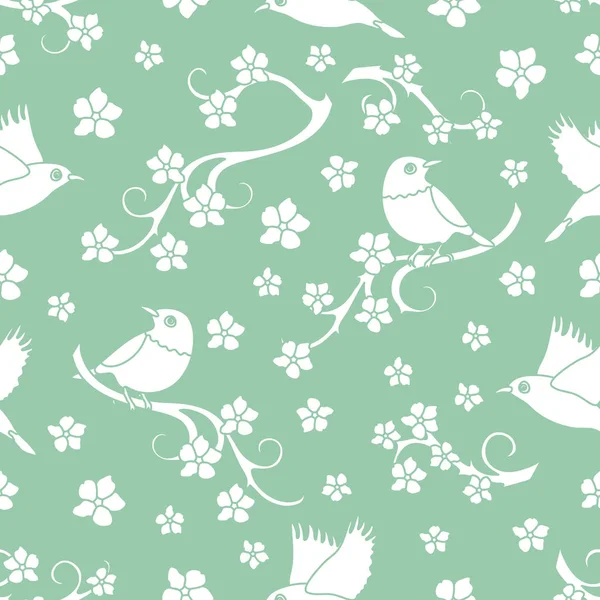 Seamless pattern with sakura branches, birds. Japan nature. Branches of cherry blossoms. Design for card, announcement, advertisement, banner or print.