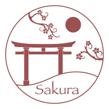 Sakura şube ve yakın, ritüel gates. Japonya geleneksel tasarım öğeleri. Kiraz çiçekleri dallarında. Seyahat ve eğlence.