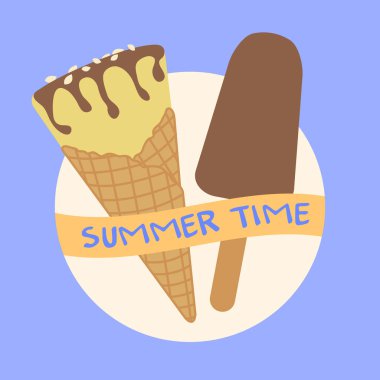 Vektör çizim lezzetli dondurma koni ve buz lolly ile. Yazıt yaz saati.